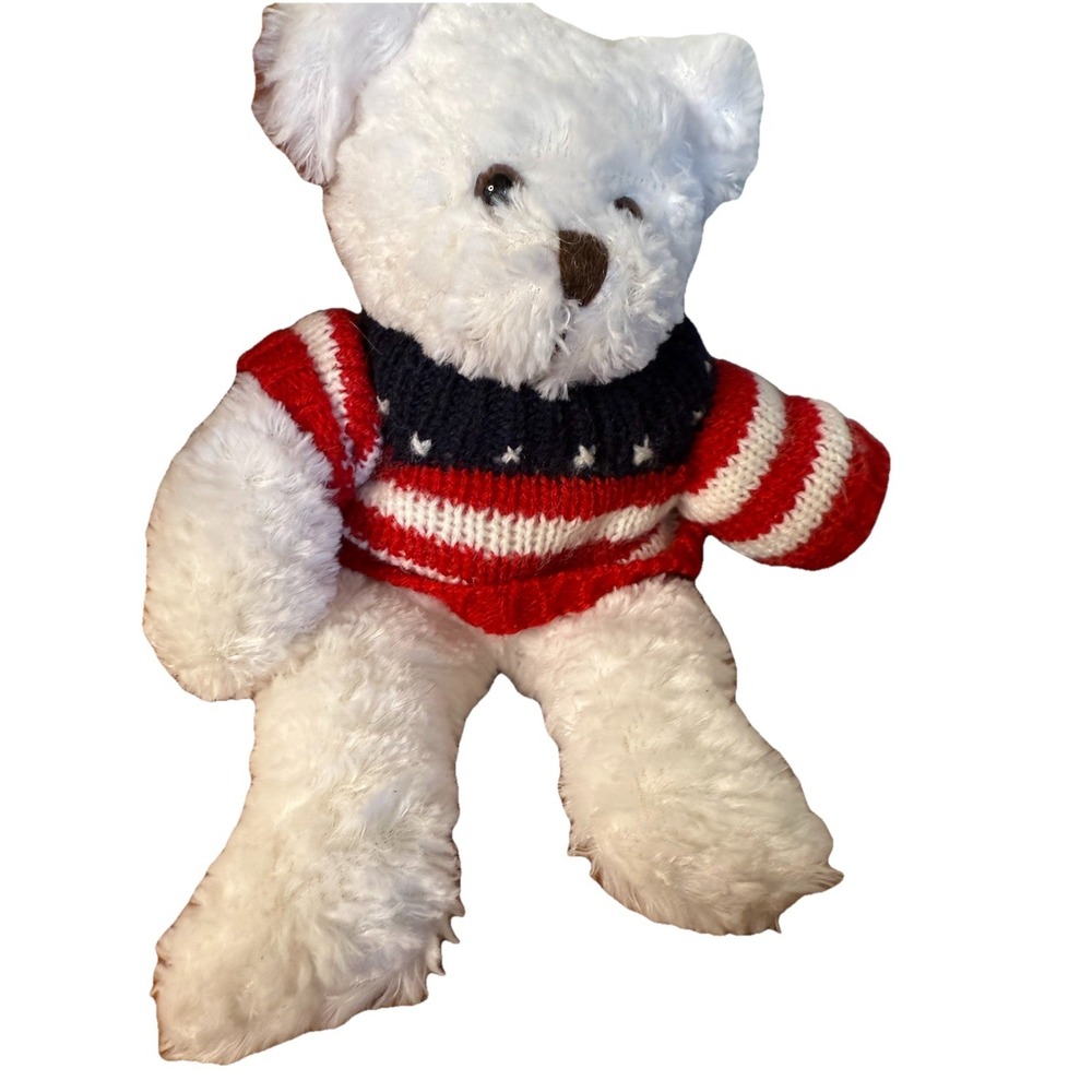 Vintage White Plushland Teddy Bear Patriotic Fourth of July USA Flag Sweater